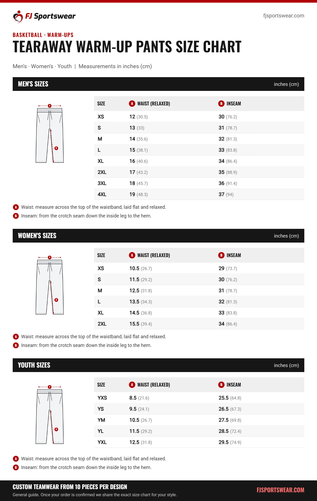 Tearaway Warm-Up Pants size chart: men’s, women’s and youth sizes with waist (relaxed) and inseam in inches and cm