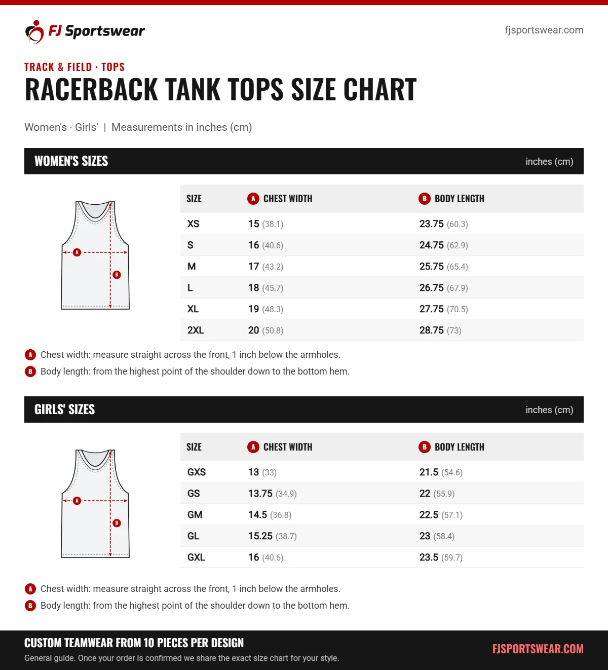 Racerback Tank Tops size chart: women’s and girls’ sizes with chest width and body length in inches and cm