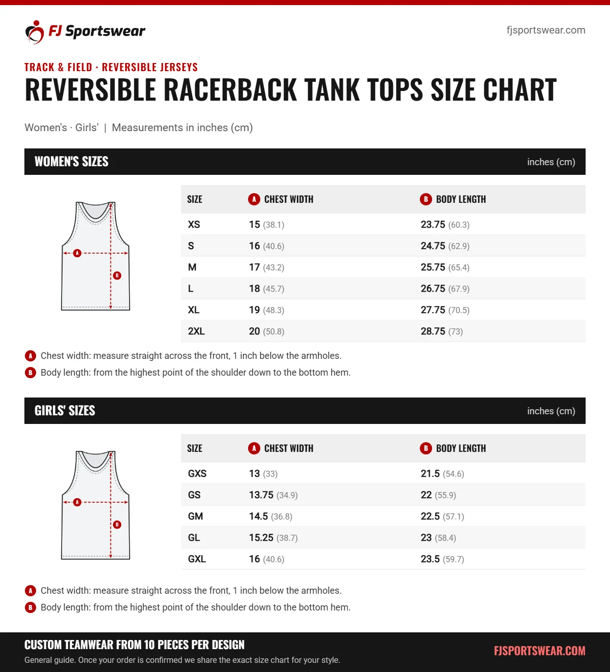 Reversible Racerback Tank Tops Size Chart Reversible Racerback Tank Tops size chart: women’s and girls’ sizes with chest width and body length in inches and cm