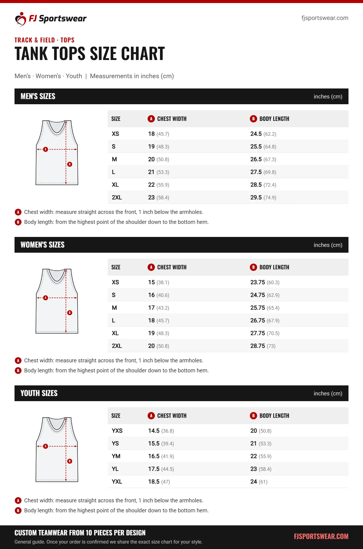 Track and field Tank Tops size chart: men’s, women’s and youth sizes with chest width and body length in inches and cm