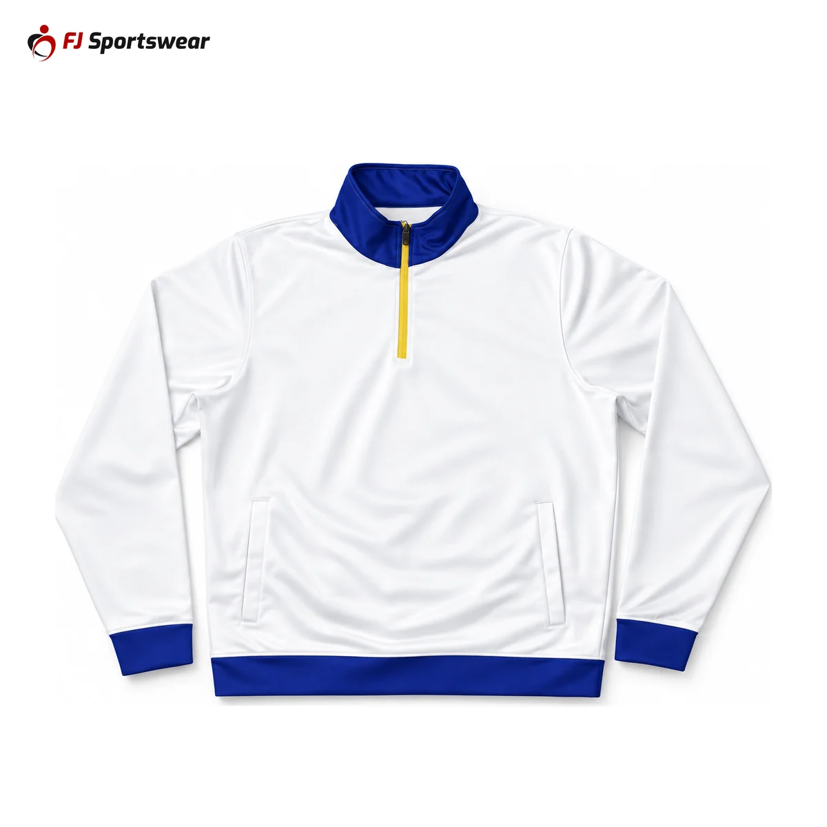 White and navy quarter-zip warm-up jacket – custom made by FJ Sportswear in Sialkot