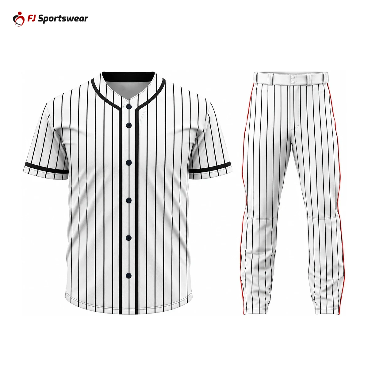 White pinstripe full-button baseball uniform – custom made by FJ Sportswear in Sialkot