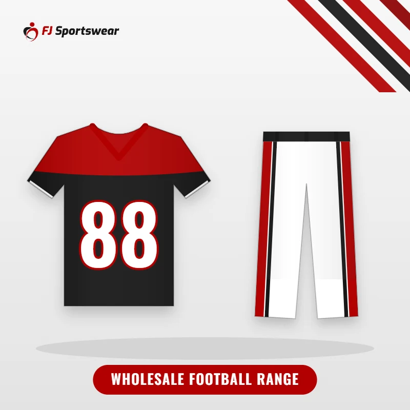 Illustration of the FJ Sportswear wholesale football range: football game jersey with shoulder yoke and big number, and football pants