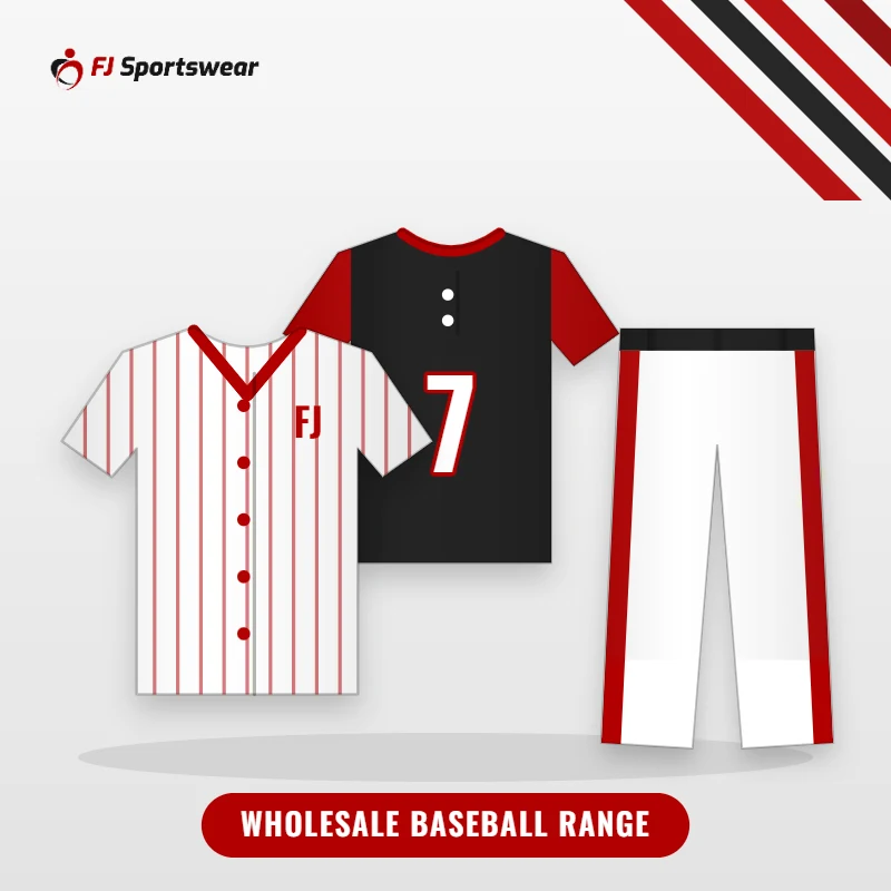 Illustration of the FJ Sportswear wholesale baseball range: pinstripe full-button jersey, two-button jersey and baseball pants