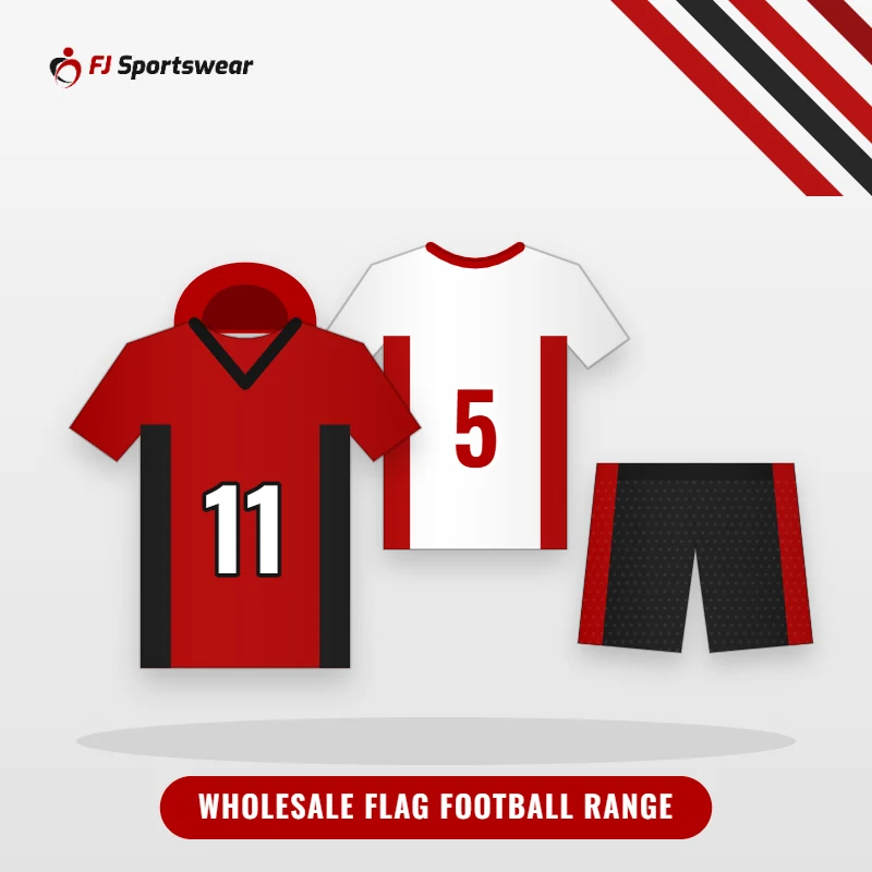 Illustration of the FJ Sportswear wholesale flag football range: hooded flag football jersey, crew-neck jersey and birdseye mesh shorts