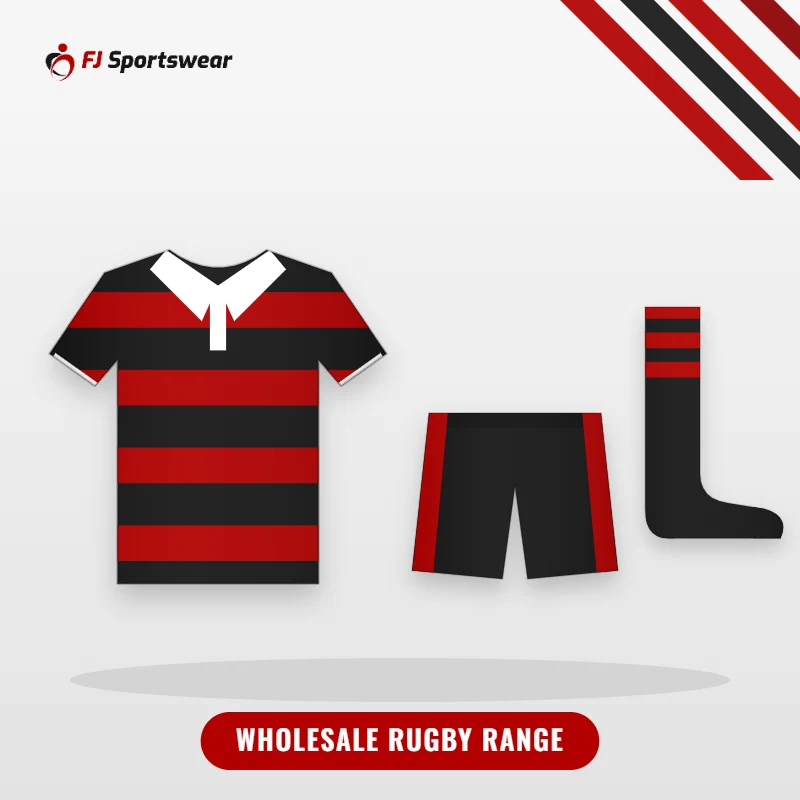 Illustration of the FJ Sportswear wholesale rugby range: hooped rugby jersey with collar, rugby shorts and hooped socks