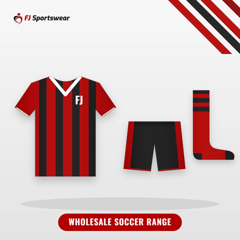 Illustration of the FJ Sportswear wholesale soccer range: striped soccer jersey, shorts and hooped socks