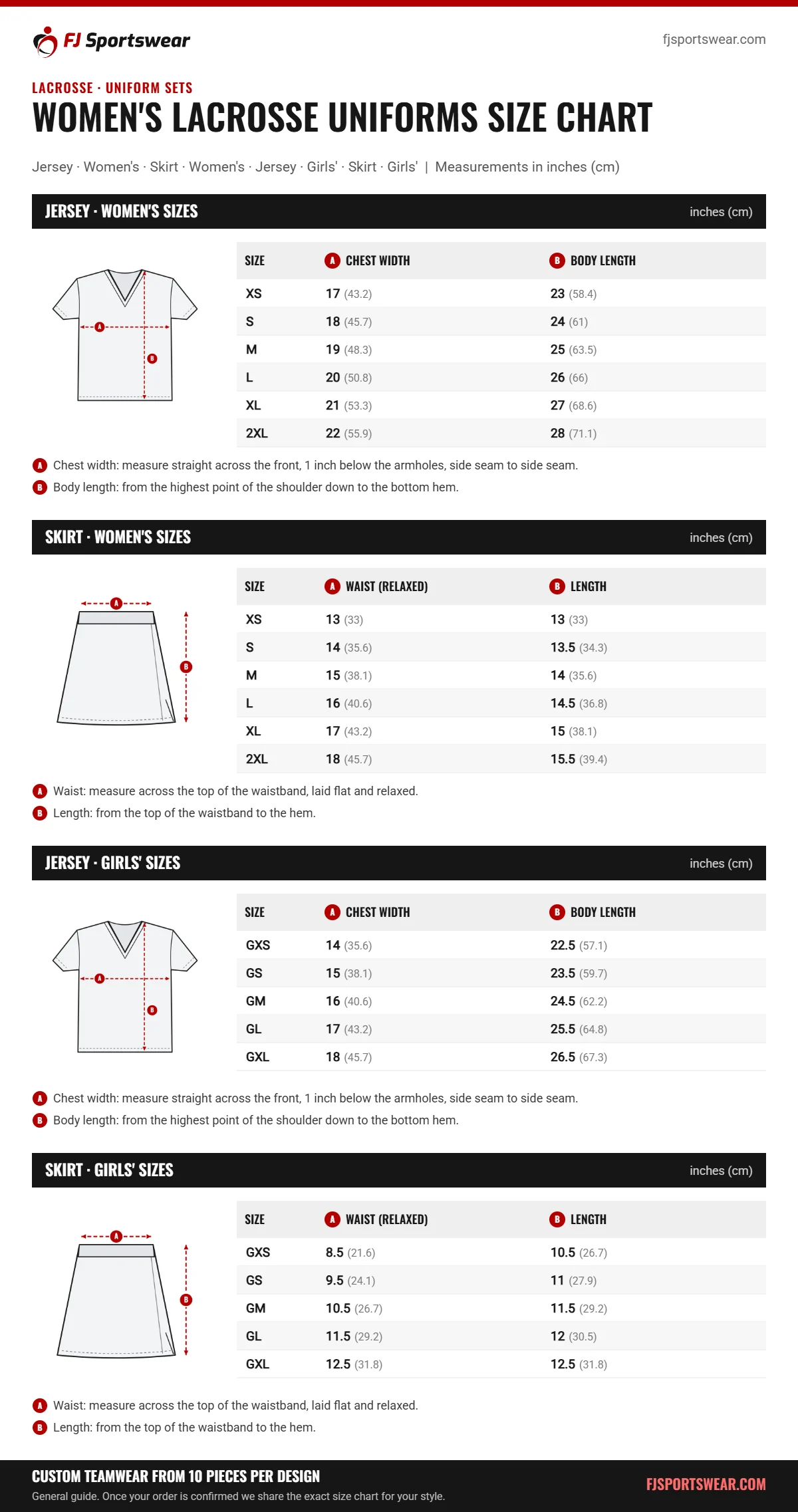 Women’s Lacrosse Uniforms size chart: jersey · women’s, skirt · women’s, jersey · girls’ and skirt · girls’ sizes with chest width, body length, waist (relaxed) and length in inches and cm
