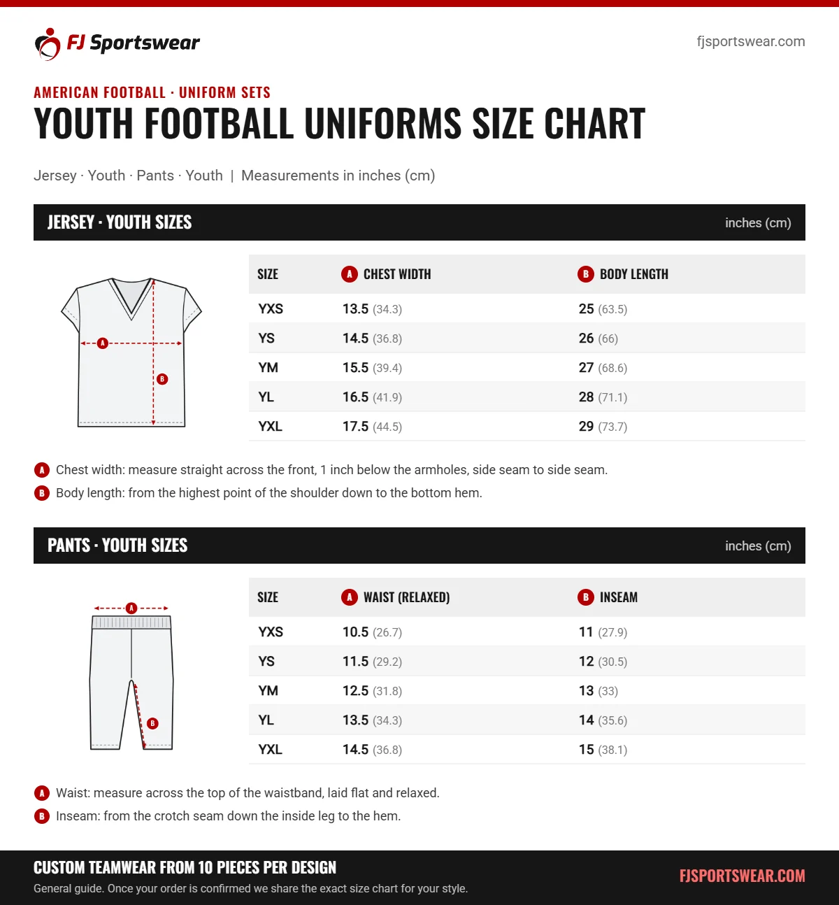 Youth Football Uniforms size chart: jersey · youth and pants · youth sizes with chest width, body length, waist (relaxed) and inseam in inches and cm
